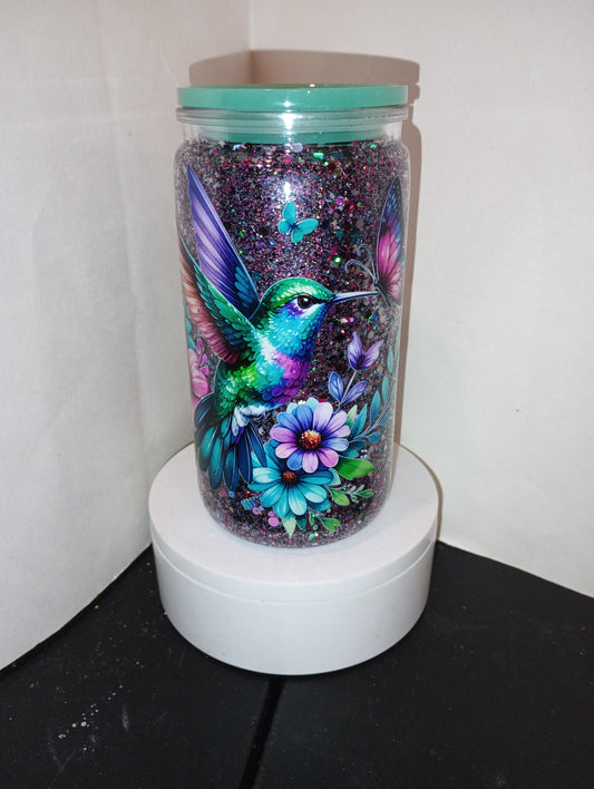 Premade 16oz dry glitter snow globe cup. Hummingbird