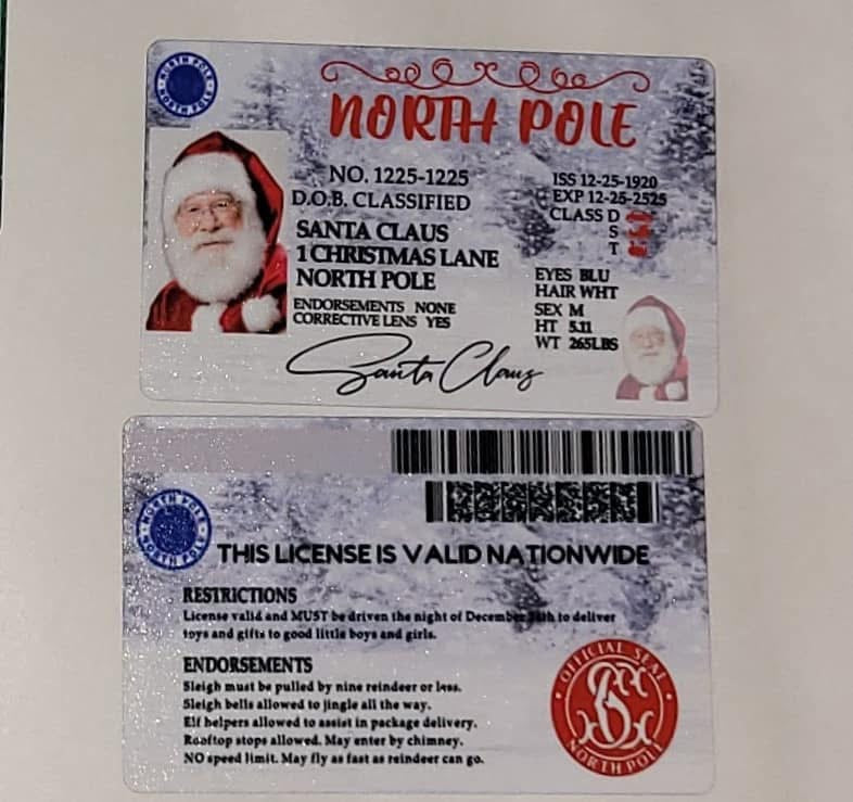 Grinch Santa or Rudolph drivers license